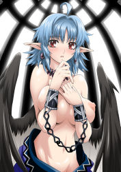 1girl ahoge bars bdsm blue_hair bondage bound breast_hold breasts cage chain covering_privates covering_breasts cuffs earrings elf groin isse jewelry large_breasts necklace nipples original pointy_ears prisoner red_eyes shackles short_hair slave solo topless wings rating:Questionable score:80 user:danbooru