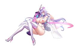  1girl bar_censor blush boots breasts censored cross_ornament eyepatch fingerless_gloves full_body gloves high_heel_boots high_heels highres holding holding_syringe huge_breasts large_syringe long_hair looking_at_viewer medical_eyepatch mixed-language_commentary nipples non-humanoid_robot oversized_object purple_hair q_azieru revealing_clothes robot robot_animal scorpion simple_background solo star_lusts syringe thigh_boots transparent_background very_long_hair white_footwear white_gloves white_headwear 
