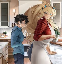  1boy 1girl apron barghest_(fate) black_hair blonde_hair blue_eyes blue_shirt blush casual denim dress_shirt fate/grand_order fate_(series) from_side fujimaru_ritsuka_(male) headdress heavy_breathing height_difference heterochromia highres indoors jeans kitchen looking_back obazzotto orange_eyes pants plaid plaid_shirt ponytail shirt sleeves_rolled_up smile standing tall_female  rating:General score:48 user:danbooru