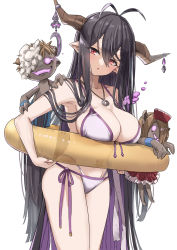 1girl :o absurdres antenna_hair bikini black_hair breasts brown_horns collarbone commentary_request danua doll draph granblue_fantasy hair_between_eyes highres horns jewelry large_breasts long_hair looking_at_viewer navel pendant pizzasi red_eyes side-tie_bikini_bottom simple_background solo standing swimsuit thighs very_long_hair white_background white_bikini rating:Sensitive score:33 user:danbooru