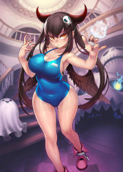 1girl black_hair black_nails black_wings blue_one-piece_swimsuit boots breasts cleavage curvy fisheye glass hair_ornament highres horns indoors large_breasts long_hair looking_at_viewer nail_polish name_tag non-web_source octoman one-piece_swimsuit orange_eyes qurare_magic_library sideboob skull_hair_ornament solo standing sweatdrop swimsuit twintails wide_hips wings rating:Sensitive score:15 user:danbooru