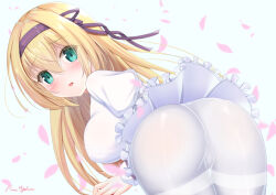  1girl ass ass_focus bent_over blonde_hair blush breasts cherry_blossoms dress green_eyes hair_ribbon juliet_sleeves large_breasts long_sleeves looking_at_viewer looking_back open_mouth pantyhose pinesphere puffy_sleeves ribbon rinslet_laurenfrost seirei_tsukai_no_blade_dance solo 