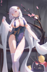  1girl azur_lane bird braid breast_curtains breasts chick china_dress chinese_clothes cleavage dress flower garter_straps gloves grey_dress hair_flower hair_ornament half_gloves highres large_breasts looking_at_viewer pelvic_curtain red_eyes revealing_clothes ribbon_between_breasts sansan_(dongfangzhong111) short_hair side_braid sirius_(azur_lane) sirius_(azure_horizons)_(azur_lane) solo thighhighs thighs white_gloves white_hair white_thighhighs  rating:Questionable score:52 user:danbooru