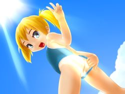  1girl amanyon ass blonde_hair blush cleft_of_venus clothing_aside fat_mons flat_chest loli munichin pussy solo swimsuit swimsuit_aside tagme 