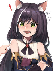 ! 1girl ^^^ absurdres animal_ear_fluff animal_ears bare_shoulders black_hair black_sleeves blush cat_ears collared_shirt commentary_request detached_sleeves fang green_eyes hair_between_eyes highres karyl_(princess_connect!) kitk_qun long_hair long_sleeves low_twintails multicolored_hair nose_blush open_mouth out_of_frame poking princess_connect! shirt sleeveless sleeveless_shirt solo_focus streaked_hair twintails upper_body white_hair white_shirt wide_sleeves rating:General score:9 user:danbooru