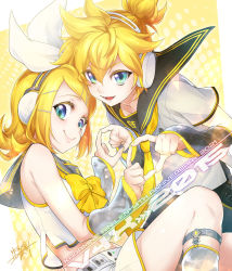  1boy 1girl anniversary aqua_eyes bare_shoulders bass_clef black_shorts blonde_hair blouse blue_eyes bow collar detached_sleeves fingers_together fortissimo gradient_eyes grey_collar grey_shirt grey_sleeves hair_bow hair_ornament hairclip headphones index_fingers_together kagamine_len kagamine_len_(vocaloid4) kagamine_rin kagamine_rin_(vocaloid4) kitano_tomotoshi knee_up leg_up leg_warmers legwear_garter looking_at_viewer midriff multicolored_eyes nail_polish necktie open_mouth sailor_collar shirt shirt_bow shorts sideways_glance sleeveless sleeveless_shirt smile treble_clef v4x vocaloid white_shirt white_shorts yellow_background yellow_bow yellow_nails yellow_necktie 
