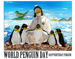  1boy animal animal_on_head bird blue_sky bodysuit bow character_name cloud cloudy_sky covered_eyes english_text happy_birthday heart_pirates ice ice_cap island jolly_roger nankotsugyorui ocean on_head one_piece penguin penguin_(one_piece) polar_tang shaded_face sky smile smiley_face squatting submarine swallow swallow_(bird) teeth watercraft white_bodysuit yellow_bow 