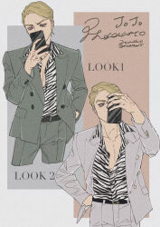  1boy animal_print artist_name belt black_belt black_nails blonde_hair buttoned_cuffs cellphone character_name collarbone collared_shirt copyright_name covered_mouth cropped_torso cursive dress_shirt fashion film_grain formal grey_suit hagiko15 hand_in_pocket hand_on_own_hip highres holding holding_phone jacket jewelry jojo_no_kimyou_na_bouken lone_nape_hair male_focus multiple_views open_clothes open_collar open_jacket partially_unbuttoned pectorals phone prosciutto purple_eyes ring shirt shirt_tucked_in short_hair smartphone suit suit_jacket twitter_username vento_aureo zebra_print 