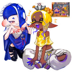  +++ 1boy 2girls ^_^ bare_shoulders big_man_(splatoon) black_pants blonde_hair blue_hair blue_shawl blush breasts chest_sarashi closed_eyes colored_eyelashes colored_tongue commentary crop_top dark-skinned_female dark_skin earrings fangs frye_(splatoon) gradient_hair grin hachimaki hair_ornament hair_over_one_eye hair_tie half-closed_eye hands_up harem_pants headband highres indian_style inkling jewelry kumo_(kumo_hsc0216) laughing long_hair looking_at_another manta_ray midriff_peek mini_person miniboy multicolored_hair multiple_earrings multiple_girls nejiri_hachimaki nintendo notice_lines octoling one_eye_covered open_mouth pants pointy_ears purple_hair purple_tongue red_eyes reference_inset sarashi screenshot_inset shawl shirt shiver_(splatoon) short_eyebrows sitting sleeveless sleeveless_shirt small_breasts smile socks splatoon_(series) splatoon_3 suction_cups tentacle_hair toeless_footwear tooth_earrings torn_clothes torn_pants two-tone_hair white_background white_pants white_socks x_hair_ornament yellow_shawl yellow_shirt 