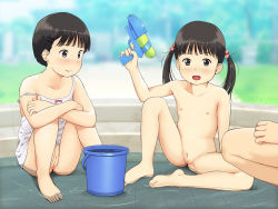 2girls :d anyannko barefoot black_hair blush bow bucket cleft_of_venus closed_mouth clothed_female_nude_female collarbone dress dress_bow feet flat_chest hair_bobbles hair_ornament holding knee_up loli long_hair multiple_girls nipples no_panties nose_blush nude off_shoulder open_mouth pussy short_hair sitting smile sol-fa-soft spread_legs toes twintails uncensored wading water water_gun white_dress rating:Explicit score:236 user:Domestic_Importer