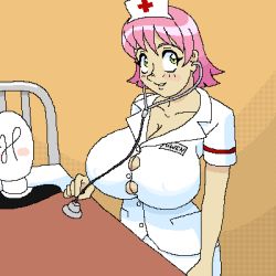 blush breasts bursting_breasts cleavage huge_breasts large_breasts lowres nurse pink_hair smile woot rating:Explicit score:4 user:Furio