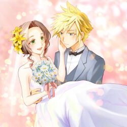  1boy 1girl aerith_gainsborough alternate_costume bare_shoulders black_bow black_bowtie blonde_hair blue_eyes bouquet bow bowtie bridal_veil bride brown_hair carrying closed_mouth cloud_strife collared_shirt commentary_request couple dress final_fantasy final_fantasy_vii flower green_eyes grey_jacket groom hair_flower hair_ornament hand_on_own_cheek hand_on_own_face hetero holding holding_bouquet husband_and_wife jacket light_blush lily_(flower) long_dress long_hair looking_at_another open_mouth parted_bangs princess_carry shirt short_hair sidelocks smile spiked_hair strapless strapless_dress suit_jacket tuxedo updo upper_body veil waistcoat wavy_hair wedding wedding_dress white_dress white_flower white_shirt yahokichi_ma yellow_flower 