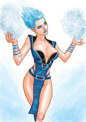  1girl blue_eyes blue_hair blue_lips breasts cleavage female_focus frost_(mortal_kombat) gradient_background japanese_clothes large_breasts lipstick makeup matching_hair/eyes mortal_kombat_(series) short_hair solo usda wristband 
