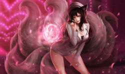 1girl ahri_(league_of_legends) alternate_costume animal_ears black_hair blurry breasts buttons cleavage closed_mouth confetti contrapposto depth_of_field energy_ball eyelashes facial_mark fox_ears fox_tail generation_ahri girls&#039;_generation goomrrat hair_between_eyes hand_on_own_thigh hat jacket league_of_legends leaning_forward lipstick long_hair long_sleeves looking_at_viewer makeup medium_breasts multiple_tails neon_lights peaked_cap red_lips short_shorts shorts slit_pupils sm_entertainment smile smirk solo standing tail whisker_markings white_hat white_jacket white_shorts yellow_eyes