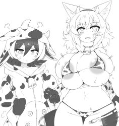  2girls :&lt; animal_costume animal_ears animal_print areola_slip bell belt bikini blush breasts character_name cow_costume cow_ears cow_girl cow_horns cow_print cowbell female_focus fox_ears hair_between_eyes half-closed_eyes highres horns huge_breasts looking_at_viewer micro_bikini motion_lines multiple_girls navel nipples open_clothes open_mouth open_pants pants pomgi simple_background size_difference skindentation sweatdrop swimsuit thick_thighs thigh_gap thighs white_background wide_hips 