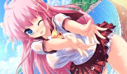  10s 1girl :p beach blue_eyes blush game_cg imouto_paradise! long_hair nanase_aya outdoors pink_hair sand school_uniform see-through skirt solo tongue tongue_out water  rating:Questionable score:36 user:Aurora_