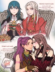  4girls :t arm_around_waist arm_tattoo blue_eyes blush braid breasts brown_eyes brown_hair burger byleth_(female)_(fire_emblem) byleth_(fire_emblem) cleavage dorothea_arnault eating edelgard_von_hresvelg english_text eye_contact facial_tattoo finger_to_another&#039;s_mouth fingerless_gloves fire_emblem fire_emblem:_three_houses food gloves green_hair hooreng korean_commentary korean_text long_hair looking_at_another mixed-language_text multiple_girls nintendo open_mouth petra_macneary ponytail purple_hair sandwich silver_hair sitting sitting_on_lap sitting_on_person smile tattoo translation_request wavy_hair yuri 