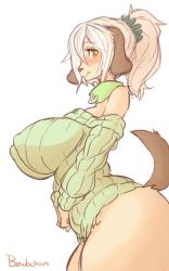  1girl animal_ears bewbchan breasts collar curvy female_focus furry furry_female highres huge_breasts long_hair orange_eyes sweater tail white_hair  rating:Questionable score:71 user:Akhaz