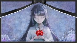  1girl black_bow black_hair bow chrysanthemum closed_eyes closed_mouth facing_viewer fay_(2gou) flower highres holding holding_flower japanese_clothes kimono long_hair long_sleeves original own_hands_together red_flower shiroshouzoku solo spider_lily upper_body white_kimono 