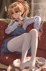  1girl absurdres alternate_costume bad_id bad_pixiv_id belt black_belt blonde_hair blush braid breasts cigarette cigarette_butt closed_mouth collared_shirt couch dress fate/apocrypha fate_(series) french_braid green_eyes grey_dress hair_ornament hair_scrunchie hamstarhand hand_up highres long_hair long_sleeves looking_at_viewer looking_to_the_side medium_hair mordred_(fate) mordred_(fate/apocrypha) no_shoes pantyhose pinafore_dress ponytail red_scrunchie ribbon scrunchie shirt sidelocks sitting sleeveless_dress smoke solo table white_pantyhose white_shirt wooden_table  rating:Sensitive score:53 user:danbooru