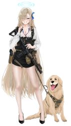  1girl absurdres animal assault_rifle asuna_(blue_archive) black_footwear black_skirt blue_archive blue_eyes blue_halo blue_ribbon breasts chest_rig cleavage collared_shirt dog elcan_scope fte_(fifteen_199) full_body geissele_urg-i glock grin gun hair_over_one_eye hair_ribbon halo handgun highres holster holstered large_breasts light_brown_hair long_hair long_sleeves looking_at_viewer m4_carbine magazine_(weapon) mole mole_on_breast ribbon rifle shirt shoes simple_background skirt smile solo weapon white_background white_shirt 