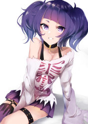  1girl ashino bare_shoulders black_choker blush bra_strap breasts choker collarbone cross diagonal_bangs garter_straps goth_fashion gothic idolmaster idolmaster_shiny_colors long_sleeves looking_at_viewer medium_breasts parted_lips pleated_skirt purple_eyes purple_hair shirt short_twintails simple_background sitting skirt sleeves_past_wrist smile solo tanaka_mamimi thigh_strap thighhighs twintails white_background white_shirt  rating:Sensitive score:13 user:Ssach