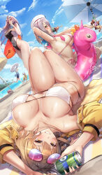  4girls ahoge anis_(nikke) anis_(sparkling_summer)_(nikke) arm_behind_head armpits aviator_sunglasses bare_shoulders beach_towel beach_umbrella bikini black_one-piece_swimsuit blue_sky bottle breasts brown_hair can commentary competition_swimsuit covered_navel drinking english_commentary eyepatch_bikini eyewear_on_head food food_in_mouth gainoob glasses goddess_of_victory:_nikke goggles goggles_on_head green_eyes grey_hair hairband highleg highleg_swimsuit highres holding holding_bottle holding_can holding_food holding_surfboard jacket jewelry large_breasts liter_(guardfish)_(nikke) liter_(nikke) long_hair looking_at_viewer micro_bikini multiple_girls necklace neon_(blue_ocean)_(nikke) neon_(nikke) ocean official_alternate_costume one-piece_swimsuit outdoors pink-tinted_eyewear pink_innertube rapi_(classic_vacation)_(nikke) rapi_(nikke) red_eyes red_hairband running short_hair side-tie_bikini_bottom sideboob signature sky smile sparkle sunglasses surfboard swim_goggles swimsuit tinted_eyewear towel two-tone_swimsuit umbrella volt_(nikke) wet white_bikini white_one-piece_swimsuit yellow_eyes yellow_jacket 