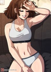  1girl bra braid breasts brown_hair closed_eyes collarbone couch crown_braid eyelashes facing_viewer female_focus fingernails grey_bra grey_panties grin hand_up highres kinkymation large_breasts lips navel niijima_makoto on_couch panties patreon_logo patreon_username persona persona_5 shiny_skin short_hair sitting smile solo sports_bra tagme teeth underwear  rating:Questionable score:153 user:Ahegao_lmao