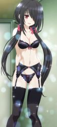  10s 1girl absurdres arms_behind_back bare_shoulders black_bra black_hair black_panties black_thighhighs blush bow bow_bra bow_panties bra breasts cleavage collarbone date_a_live female_focus fitting_room garter_belt garter_straps hair_bow hair_over_one_eye highres indoors jpeg_artifacts lingerie long_hair long_image looking_at_viewer navel open_mouth panties red_eyes screencap side-tie_panties smile solo sparkle standing stitched tall_image thighhighs third-party_edit tokisaki_kurumi twintails underwear underwear_only very_long_hair  rating:Questionable score:251 user:danbooru