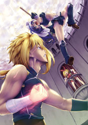 1boy 2girls action arched_back arena bare_shoulders battle blonde_hair blue_eyes blue_hair bouncing_breasts breasts bunny_(quiz_magic_academy) bustier clenched_hand clenched_teeth cloud fighting_stance hairband highres jon_shicchiou jumping long_hair medium_breasts microphone midriff miniskirt multiple_girls open_mouth ponytail quiz_magic_academy rick_(quiz_magic_academy) skirt sky teeth thighhighs veins yuri_(quiz_magic_academy) rating:Sensitive score:1 user:danbooru