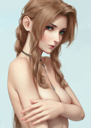  1girl aerith_gainsborough bolo_tie braid braided_ponytail breasts brown_hair covering_breasts covering_privates drill_hair final_fantasy final_fantasy_vii final_fantasy_vii_remake green_eyes highres light_blush looking_at_viewer medium_breasts miura-n315 nude parted_lips simple_background solo square_enix twin_drills upper_body  rating:Questionable score:82 user:danbooru