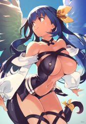  1girl angel_wings asymmetrical_wings bare_shoulders belt black_choker black_wings blue_hair blue_sky breasts center_opening choker closed_mouth cloud cloudy_sky day detached_sleeves dizzy_(guilty_gear) guilty_gear guilty_gear_x guilty_gear_xx hair_between_eyes hair_ribbon highres large_breasts long_hair long_sleeves looking_to_the_side monster_girl navel optionaltypo outdoors puffy_long_sleeves puffy_sleeves red_eyes ribbon shaded_face sideboob signature skindentation sky smile solo stomach sunlight tail tail_ornament tail_ribbon thick_thighs thigh_strap thighs twintails underboob white_wings wings yellow_ribbon  rating:Sensitive score:54 user:danbooru