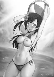 1girl armpits arms_up artist_name ball beachball bikini blush breasts breasts_out collarbone commentary_request cowboy_shot flower gluteal_fold greyscale hair_flower hair_ornament halterneck highres large_breasts long_hair looking_at_viewer love_live! love_live!_nijigasaki_high_school_idol_club mixed-language_commentary monochrome navel nipples ocean open_mouth outdoors scrunchie side-tie_bikini_bottom signature skindentation solo stomach string_bikini swept_bangs swimsuit unsfrau wardrobe_malfunction water wide_hips wrist_scrunchie yuki_setsuna_(love_live!) rating:Questionable score:81 user:danbooru