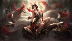  1girl absurdres ahri_(league_of_legends) animal_ears black_hair commentary crown english_commentary eyeshadow facial_mark fingernails flower fog foot_out_of_frame fox_ears fox_tail hair_between_eyes hand_on_own_chest highres indoors league_of_legends light light_particles lipstick long_hair looking_to_the_side makeup medal multiple_tails nail_polish official_alternate_costume official_alternate_hairstyle official_art red_eyes red_flower red_lips red_nails red_rose risen_legend_ahri rose sharp_fingernails sidelocks sitting sitting_on_throne smile solo table tail throne vase whisker_markings 