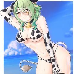  1girl :o absurdres alternate_costume animal_ears animal_print bell bikini blue_sky blush breasts ceres_fauna cow_print detached_sleeves embarrassed green_hair highres hololive hololive_english large_breasts ocean p_protocoll sky sweat swimsuit tail virtual_youtuber yellow_eyes 