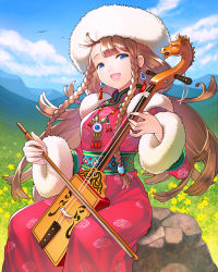  1girl :d bead_necklace beads bird blue_eyes bow_(music) braid brown_hair cloud commentary_request day dress earrings fingernails flower fur-trimmed_sleeves fur_hat fur_trim grass hair_ornament half-closed_eyes hat instrument jewelry jikuu_no_umi_no_historica juuden long_hair long_sleeves looking_at_viewer morin_khuur mountain music nail_polish necklace official_art open_mouth outdoors pink_dress pink_nails playing_instrument rock side_braid sitting sky smile solo tassel tassel_earrings traditional_clothes twin_braids 