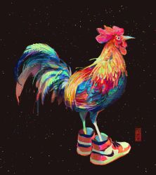  absurdres animal animal_focus artist_logo artist_name beak bird brown_background chicken commentary english_commentary feathers from_side highres no_humans original red_footwear shoes simple_background sneakers solo weiwei_(peevishpants) 