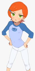  1girl arms_at_sides ben_10 blue_shirt blush breasts child green_eyes grey_background gwen_tennyson hair_ornament hairclip hands_on_own_hips looking_at_viewer moyori open_mouth orange_hair pants raglan_sleeves shirt short_hair simple_background small_breasts solo standing white_pants  rating:General score:105 user:danbooru