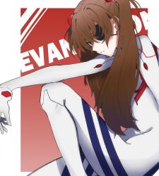  1girl absurdres artist_request ass blue_eyes bodysuit breasts brown_hair evangelion:_3.0+1.0_thrice_upon_a_time eyepatch feet_out_of_frame hair_between_eyes hair_ornament hair_over_one_eye highres long_hair looking_at_viewer neon_genesis_evangelion plugsuit rebuild_of_evangelion sitting solo souryuu_asuka_langley title two_side_up very_long_hair white_bodysuit wide_hips 