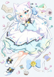  1girl absurdres ahoge animal_ears aobahosino apron bell black_bow blue_bow blue_eyes bow cat_ears cat_girl cat_tail dress full_body hair_ornament highres holding long_hair long_sleeves looking_at_viewer original petals scissors solo tail tail_bell tail_ornament very_long_hair white_footwear white_hair 