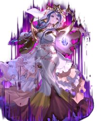 1girl aura blue_eyes blue_hair breasts cleavage clenched_teeth crown damaged dark_aura dragonstone dress fire_emblem fire_emblem_engage fire_emblem_heroes frilled_dress frills highres large_breasts long_dress long_hair lumera_(fire_emblem) nintendo non-web_source official_art solo teeth torn_clothes torn_dress undead v-shaped_eyebrows white_background white_dress yandere 
