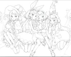  4girls ;d ahoge animal animal_ears animal_on_head arm_up bacheally blunt_bangs blush boots bow braid candy candy_cane capelet closed_mouth coat dress fake_animal_ears flower food frills full_body greyscale hair_bow hair_ribbon hairband hand_up hat holding holding_candy holding_food holding_staff holding_wand hood jacket kyu-kurarin_(cevio) lineart long_hair long_sleeves looking_at_viewer low_twintails monochrome multiple_girls multiple_views on_head one_eye_closed open_mouth original parted_lips puffy_long_sleeves puffy_sleeves rabbit_ears ribbon shirt shoes shorts simple_background sitting sketch skirt sleeveless smile staff thighhighs twin_braids twintails very_long_hair wand white_background witch witch_hat 