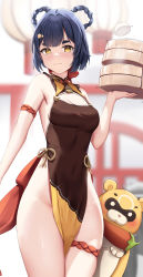  1girl :3 absurdres apron arm_support baozi bare_shoulders blue_hair blurry blurry_background braid braided_hair_rings breasts cleavage cleavage_cutout clothing_cutout covered_navel cowboy_shot food genshin_impact guoba_(genshin_impact) hair_ornament hair_rings hairclip hand_up highres hip_focus holding holding_food holding_plate looking_at_viewer motion_lines naked_apron pelvic_curtain plate short_eyebrows short_hair skai_kun small_breasts thigh_strap thighs twin_braids xiangling_(genshin_impact) yellow_eyes  rating:Sensitive score:151 user:danbooru