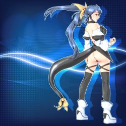  1girl arc_system_works ass bare_back bare_shoulders black_thighhighs blue_background blue_hair boots breasts choker dizzy_(guilty_gear) guilty_gear hair_ribbon long_hair minato_(leap-up) red_eyes ribbon solo tail tail_ornament tail_ribbon thighhighs twintails  rating:Sensitive score:21 user:danbooru