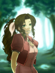  1990s_(style) 1girl aerith_gainsborough arms_behind_back bow brown_hair chinchirorin choker cropped_jacket dress female_focus final_fantasy final_fantasy_vii green_eyes hair_ribbon highres jacket long_hair open_mouth pink_bow pink_ribbon ponytail retro_artstyle ribbon sleeping_forest solo tsuchikko 