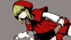  1girl age2525 akazukin_(akazukin_ds) akazukin_darkside axe blonde_hair blood blood_on_face bloody_weapon dutch_angle green_eyes grey_background highres holding holding_axe hood horror_(theme) little_red_riding_hood_(grimm) long_sleeves medium_hair red_hood solo standing weapon 