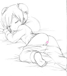  1girl ass barefoot bed blush censored chon_law closed_eyes clothes_pull feet heart highres loli lying monochrome night_clothes pants pants_pull pillow pussy sleeping tagme  rating:Explicit score:35 user:ChonLaw