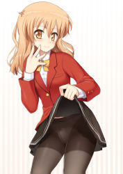 1boy androgynous black_pantyhose blush bulge clothes_lift crotch_seam hair_ornament hand_on_own_face long_hair looking_at_viewer male_focus matching_hair/eyes nagase_haruhito orange_eyes orange_hair original panties panties_under_pantyhose pantyhose pencil_skirt precum skirt skirt_lift smile solo striped striped_background trap underwear uniform wet_spot rating:Questionable score:95 user:danbooru
