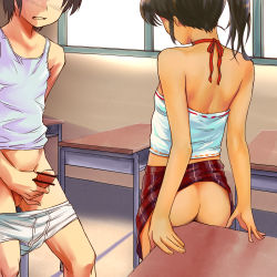  1boy 1girl ass bar_censor bare_shoulders blush breasts briefs censored child_on_child classroom clothes_lift crotch_rub day desk erection flat_chest from_behind frottage gekkou_(geccomajin) grinding hetero indoors loli male_masturbation male_underwear male_underwear_pull masturbation midriff miniskirt no_panties original penis pinky_out school_desk shota skirt skirt_lift small_breasts table_humping underwear white_briefs window  rating:Explicit score:473 user:Loli_sucker