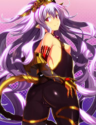 1girl ass bare_shoulders blush bodysuit breasts breasts_out cameltoe closed_mouth commentary_request elbow_gloves gauntlets gloves granblue_fantasy hair_between_eyes headpiece highres kyoku_tou light_purple_hair long_hair looking_at_viewer looking_back medusa_(shingeki_no_bahamut) nipples pointy_ears purple_background red_eyes small_breasts smile solo standing tail very_long_hair rating:Questionable score:19 user:danbooru